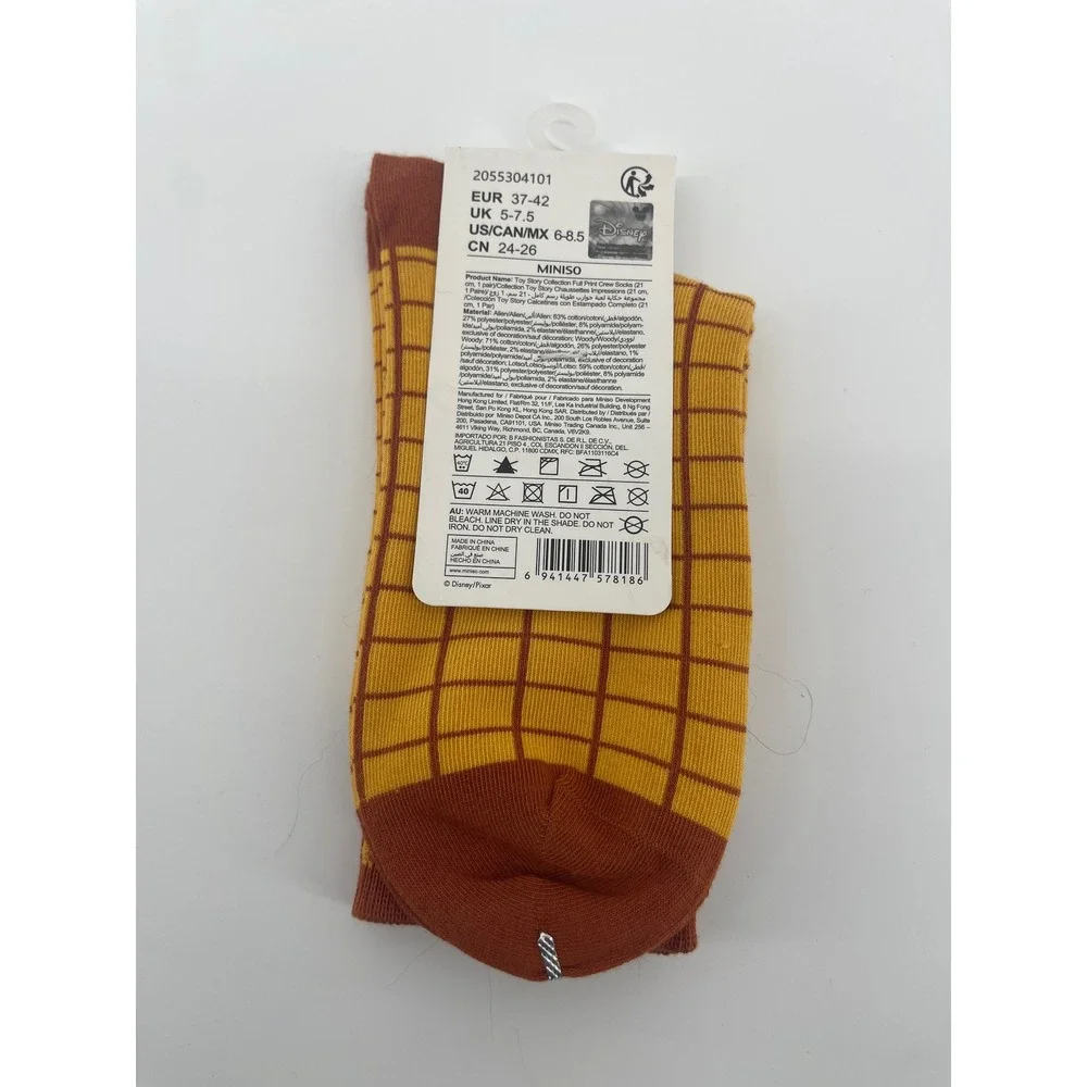Disney Toy Story Crew Socks Kids US 6-8.5 Yellow Woody Pattern Miniso NWT